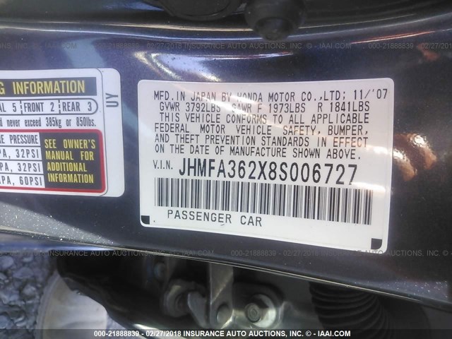 JHMFA362X8S006727 - 2008 HONDA CIVIC HYBRID BLUE photo 9