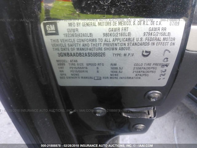 3GNBAADB2AS508026 - 2010 CHEVROLET HHR LS BLACK photo 9