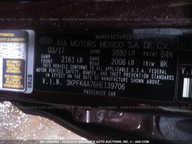 3KPFK4A76HE139706 - 2017 KIA FORTE LX MAROON photo 9