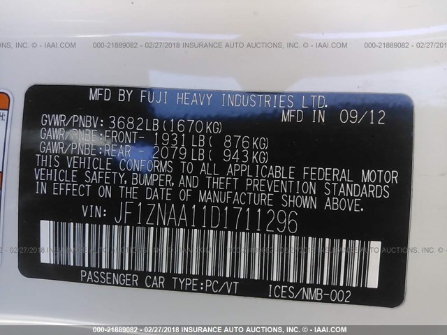 JF1ZNAA11D1711296 - 2013 TOYOTA SCION FR-S თეთრი ფოტო 9