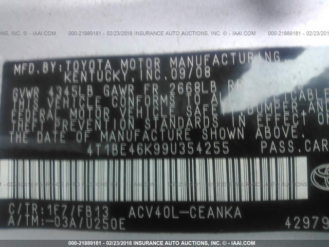 4T1BE46K99U354255 - 2009 TOYOTA CAMRY SE/LE/XLE ვერცხლისფერი ფოტო 9