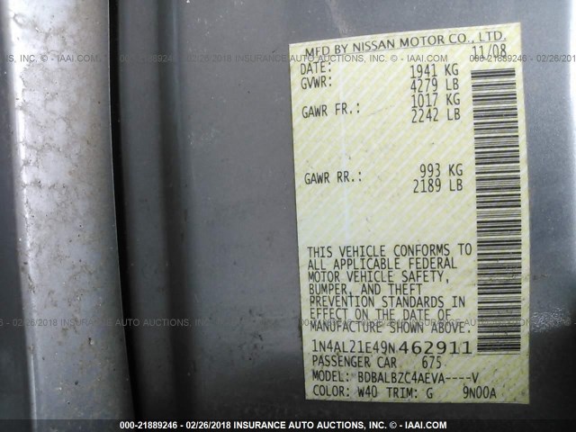 1N4AL21E49N462911 - 2009 NISSAN ALTIMA 2.5/2.5S GRAY photo 9