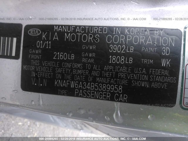 KNAFW6A34B5389958 - 2011 KIA FORTE SX SILVER photo 9