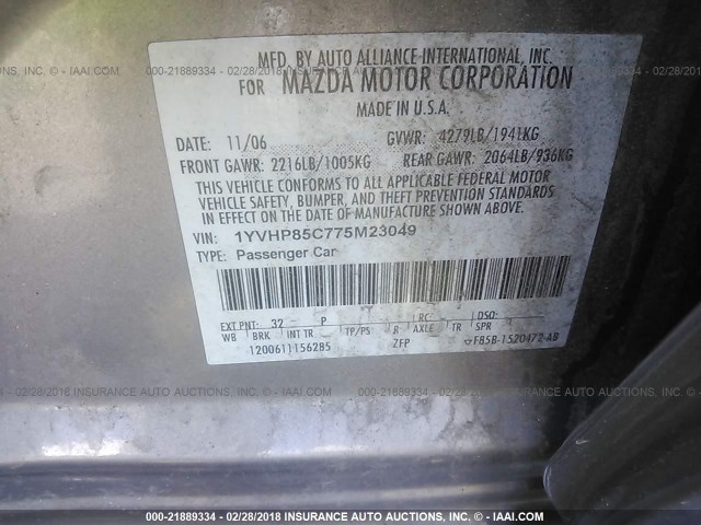 1YVHP85C775M23049 - 2007 MAZDA 6 I Gümüş fotoğraf 9