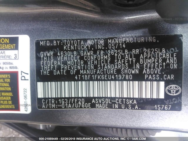 4T1BF1FK6EU419780 - 2014 TOYOTA CAMRY L/SE/LE/XLE GRAY photo 9