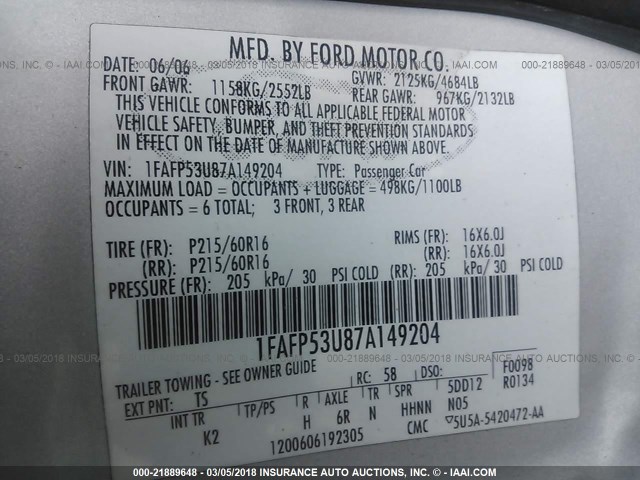 1FAFP53U87A149204 - 2007 FORD TAURUS SE SILVER photo 9