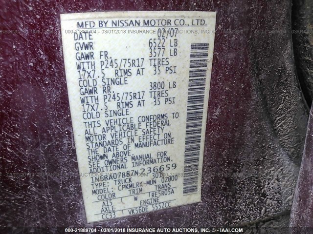 1N6BA07B87N236659 - 2007 NISSAN TITAN XE/SE/LE MAROON photo 9