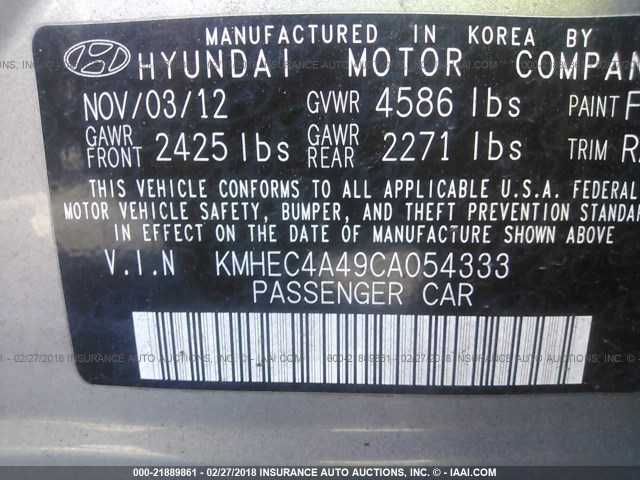 KMHEC4A49CA054333 - 2012 HYUNDAI SONATA HYBRID GRAY photo 9