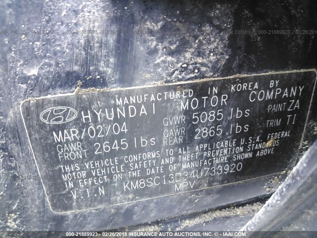 KM8SC13D34U733920 - 2004 HYUNDAI SANTA FE GLS/LX BLUE photo 9