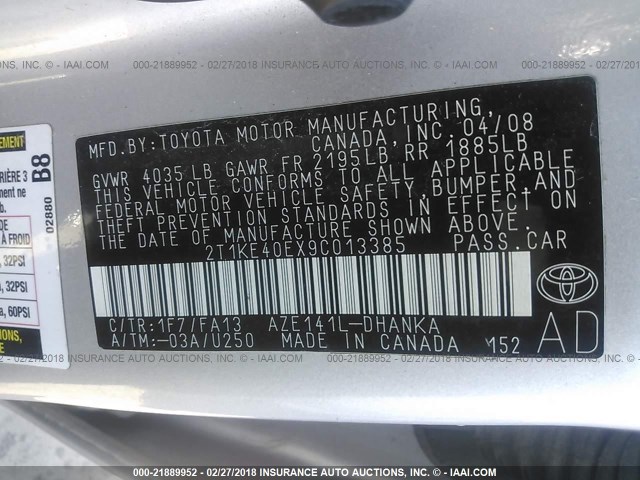 2T1KE40EX9C013385 - 2009 TOYOTA COROLLA MATRIX S SILVER photo 9