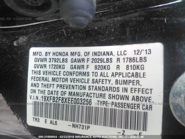 19XFB2F8XEE003256 - 2014 HONDA CIVIC EX BLACK photo 9