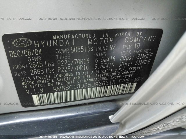 KM8SC13D35U936615 - 2005 HYUNDAI SANTA FE GLS/LX SILVER photo 9