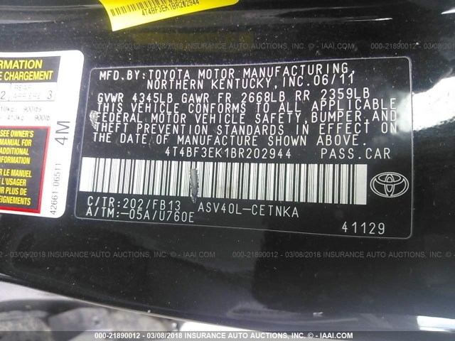 4T4BF3EK1BR202944 - 2011 TOYOTA CAMRY SE/LE/XLE BLACK photo 9
