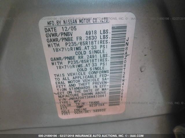 JN8AZ08T36W410861 - 2006 NISSAN MURANO SL/SE/S SILVER photo 9