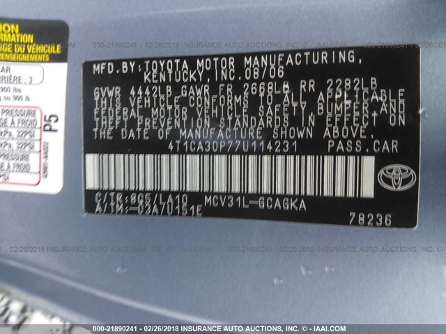 4T1CA30P77U114231 - 2007 TOYOTA CAMRY SOLARA SE/SLE BLUE photo 9