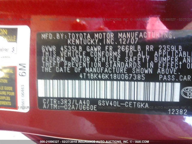 4T1BK46K18U067385 - 2008 TOYOTA CAMRY LE/XLE/SE RED photo 9