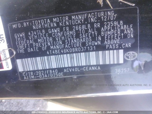 4T4BE46K08R037131 - 2008 TOYOTA CAMRY CE/LE/XLE/SE BLACK photo 9