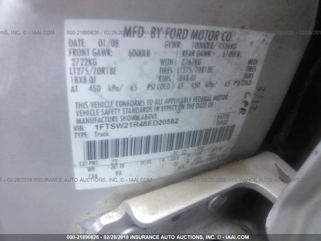 1FTSW21R48ED20582 - 2008 FORD F250 SUPER DUTY SILVER photo 9