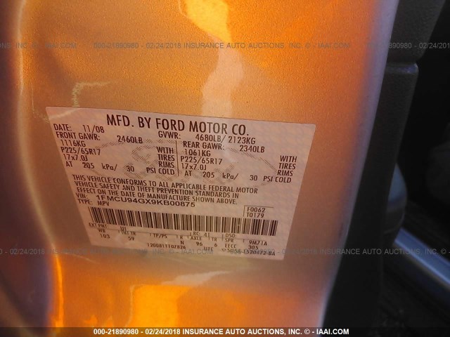 1FMCU94GX9KB00875 - 2009 FORD ESCAPE LIMITED SILVER photo 9