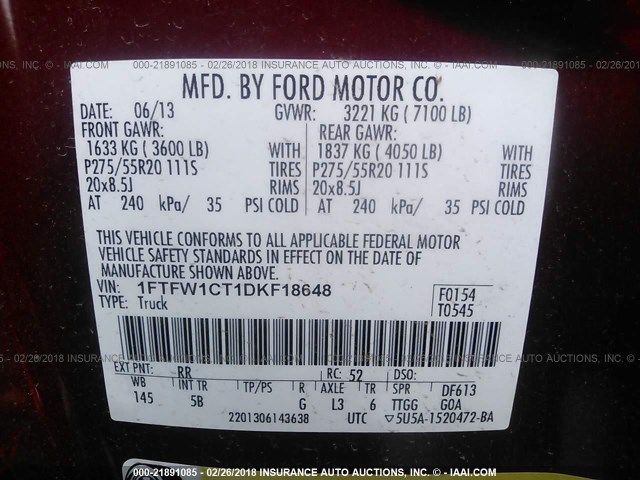 1FTFW1CT1DKF18648 - 2013 FORD F150 SUPERCREW RED photo 9