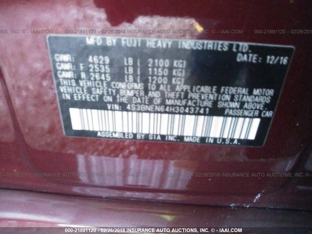 4S3BNEN64H3043741 - 2017 SUBARU LEGACY 3.6R LIMITED RED photo 9