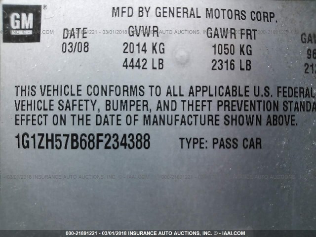 1G1ZH57B68F234388 - 2008 CHEVROLET MALIBU 1LT GRAY photo 9