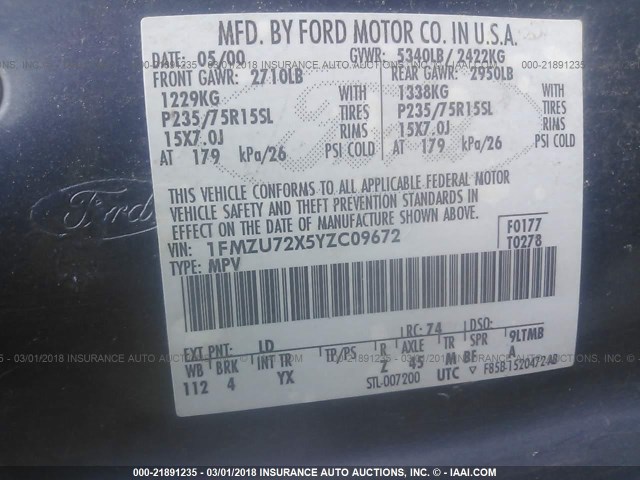 1FMZU72X5YZC09672 - 2000 FORD EXPLORER XLS BLUE photo 9