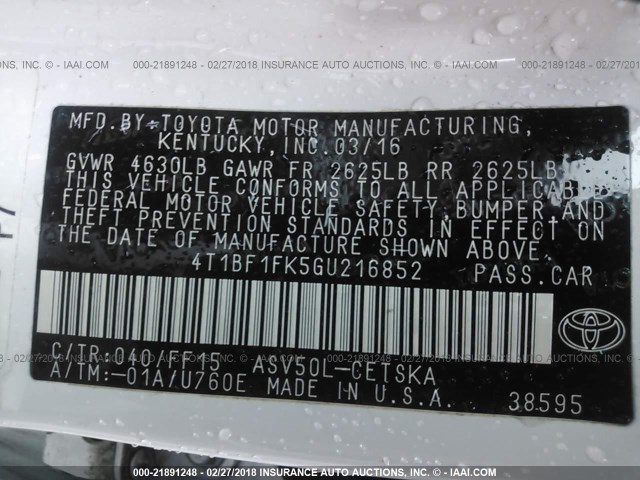 4T1BF1FK5GU216852 - 2016 TOYOTA CAMRY LE/XLE/SE/XSE თეთრი ფოტო 9