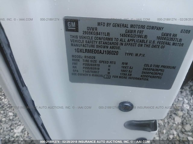 1GKLRMED0AJ106020 - 2010 GMC ACADIA SLT-1 Blanco foto 9