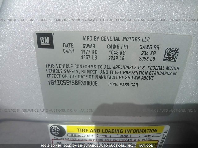 1G1ZC5E15BF350908 - 2011 CHEVROLET MALIBU 1LT 银色 照片 9