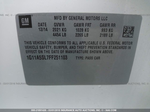 1G11A5SL7FF251103 - 2015 CHEVROLET MALIBU LS WHITE photo 9