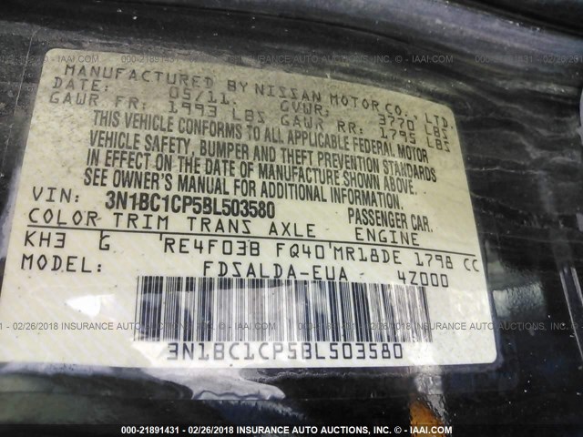 3N1BC1CP5BL503580 - 2011 NISSAN VERSA S/SL BLACK photo 9