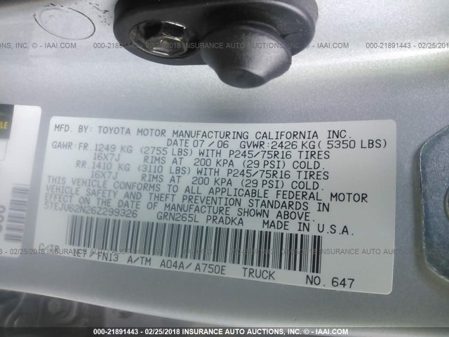 5TEJU62N26Z299326 - 2006 TOYOTA TACOMA DOUBLE CAB PRERUNNER SILVER photo 9