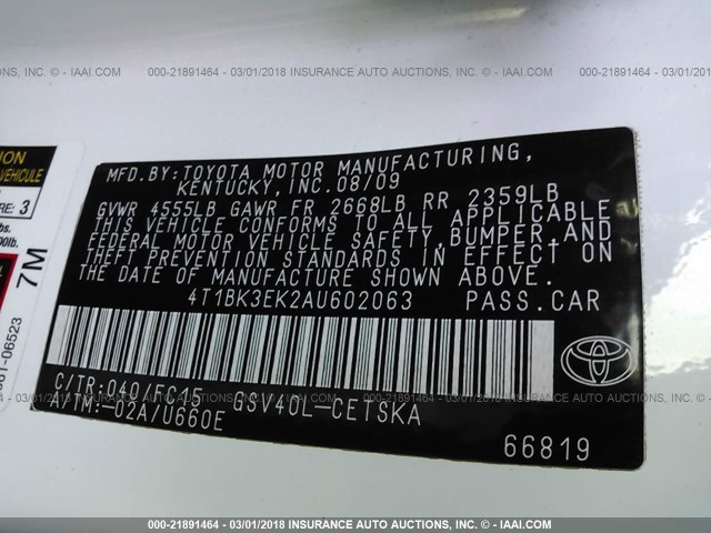 4T1BK3EK2AU602063 - 2010 TOYOTA CAMRY SE/LE/XLE 白色 照片 9