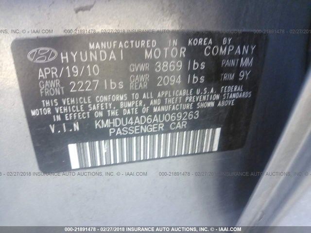 KMHDU4AD6AU069263 - 2010 HYUNDAI ELANTRA BLUE/GLS/SE GRAY photo 9