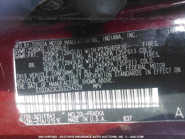 5TDZA23C35S254229 - 2005 TOYOTA SIENNA CE/LE MAROON photo 9