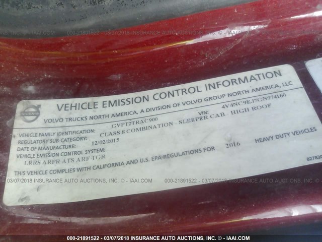 4V4NC9EJ7GN974160 - 2016 VOLVO VNL L RED photo 10