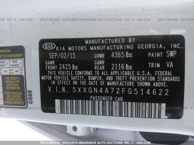 5XXGN4A72FG514622 - 2015 KIA OPTIMA EX WHITE photo 9