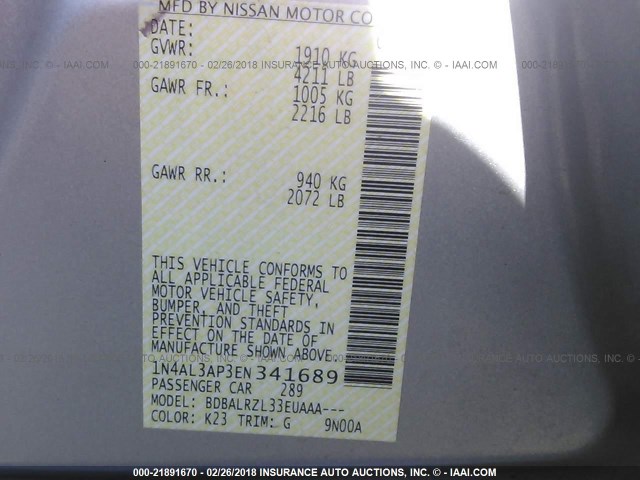 1N4AL3AP3EN341689 - 2014 NISSAN ALTIMA 2.5/S/SV/SL SILVER photo 9