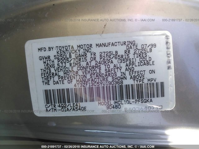 4T3ZF13C5YU190368 - 2000 TOYOTA SIENNA LE/XLE GOLD photo 9