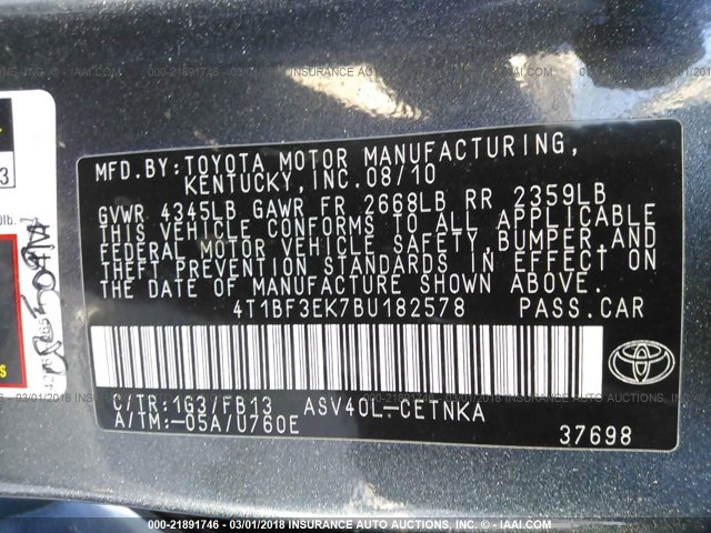 4T1BF3EK7BU182578 - 2011 TOYOTA CAMRY SE/LE/XLE GRAY photo 9