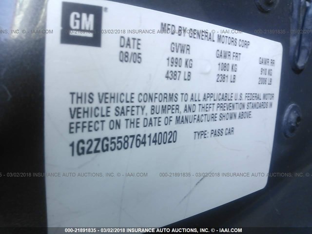 1G2ZG558764140020 - 2006 PONTIAC G6 SE1 GRAY photo 9