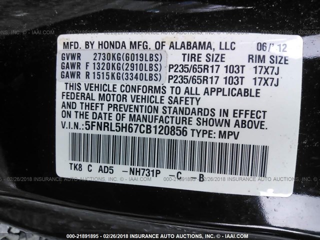 5FNRL5H67CB120856 - 2012 HONDA ODYSSEY EXL შავი ფოტო 9