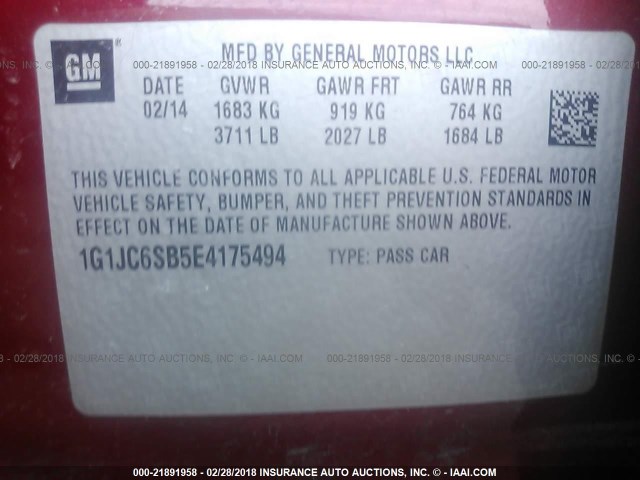 1G1JC6SB5E4175494 - 2014 CHEVROLET SONIC LT RED photo 9