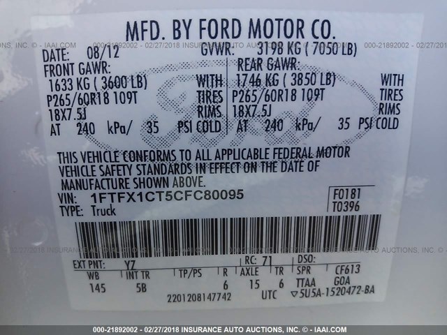 1FTFX1CT5CFC80095 - 2012 FORD F150 SUPER CAB WHITE photo 9
