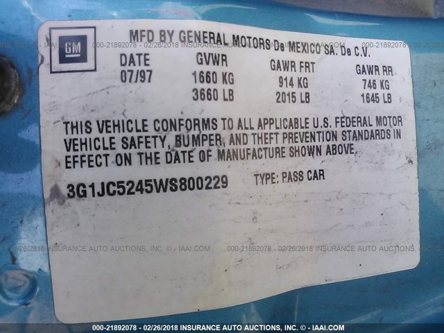 3G1JC5245WS800229 - 1998 CHEVROLET CAVALIER 蓝色 照片 9