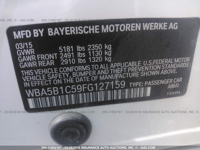 WBA5B1C59FG127159 - 2015 BMW 535 I WHITE photo 9