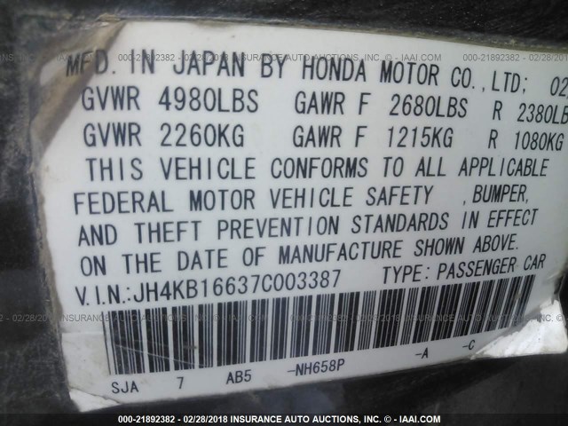 JH4KB16637C003387 - 2007 ACURA RL Boz foto 9