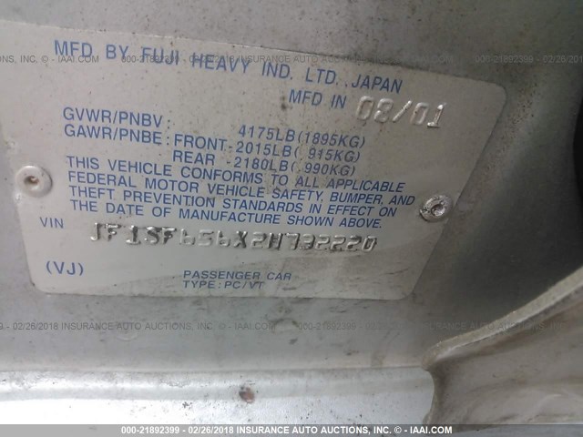 JF1SF656X2H732220 - 2002 SUBARU FORESTER S ნაცრისფერი ფოტო 9