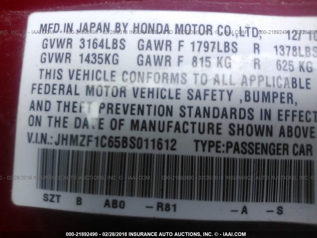 JHMZF1C65BS011612 - 2011 HONDA CR-Z EX RED photo 9